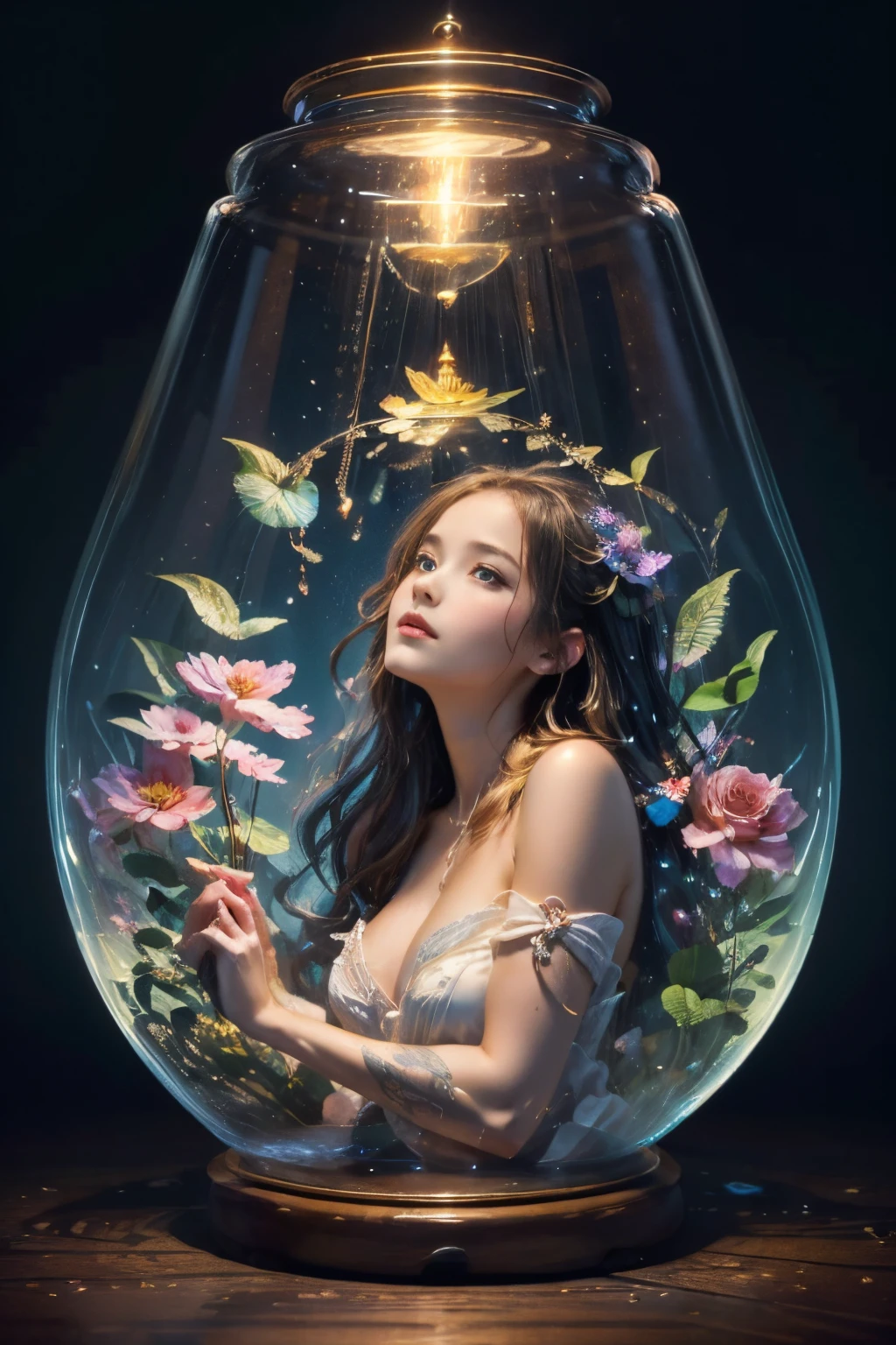 (masterpiece), best quality, expressive eyes, perfect face, huge hourglass, antique hourglass, floating antique clock, beautiful girl inside the hourglass, beautiful Latin girl behind the clock glass, floating antique clock, lamp , lantern, dark night sky, cloudy sky, rain clouds with lightning, beautiful girl looking up, long black hair, Beautiful Hardcore Illustration home page illustration style, dark, high resolution, hard touch illustration, strong outline, 8k, Hiroyuki Nagasaka style, aggressive, beautiful face, fresh beauty, transparent white silk dress, beauty style, bright mist. Paint water splashes. Magic spell. Blue silver gray color gradient glowing vapor veil wave on black abstract art background with free space. Baroque elements, intricate oil paintings, bubbles and swirling fountains, full body, extremely detailed (Fractal Art: 1.3), colorful, more detailed, slight smile, open legs, view of pubic hair, 1 sexy girl in transparent clothing, small breasts exposed, transparent open t-shirt, tattoos of mandalas and flowers, best quality, black and brown hair fused in water, naked girl, beautiful visible pubic area, small breasts in sight, perfect hair, perfect full lips, delicate and perfect body, digital painting, intricately detailed eyes looking up, girl looking up, colorful, fine art, oil painting, finely drawn hands; magical garden, metallic roses, autumn leaves, metallic colors and enamel, meditation, girl in a state of meditation, rain, wlop style art, latin girl with oil tan skin, shiny brown skin,