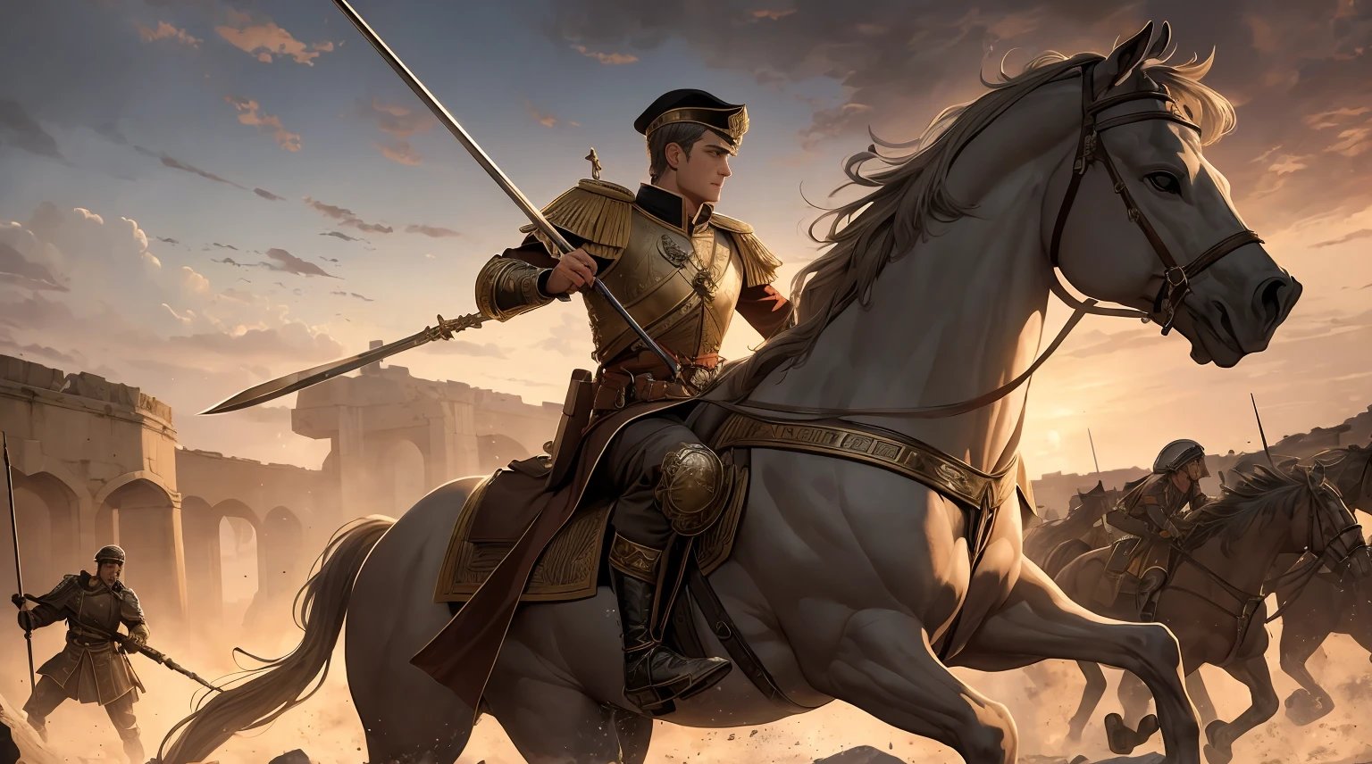 (constantine the great,military activities,battle of milvian bridge,empire reunification,empire border defense,defeating foreign enemies)
(best quality,4k,8k,highres,masterpiece:1.2),ultra-detailed,(realistic,photorealistic,photo-realistic:1.37),HDR,UHD,studio lighting,ultra-fine painting,sharp focus,physically-based rendering,extreme detail description,professional,vivid colors,bokeh
(portraits,landscape,concept artists),historical,imperial,war,historical accuracy,grand,monumental,heroic,fierce,dramatic,action-packed,monochrome color palette,dramatic lighting effects
Constantine the Great, the battle of Milvian Bridge, and the fight for the reunification of the empire have drawn much attention. However, it is equally important to depict the military activities involved in the defense of the empire's borders and the defeat of foreign enemies.
The scene starts with a highly detailed depiction of Constantine the Great leading his soldiers in an intense battle on the Milvian Bridge. Constantine's fierce and determined expression is emphasized, highlighting the heroism and grandeur of the moment. His armor, shield, and weapons are meticulously rendered to convey historical accuracy and the imperial aura.
The composition showcases the monumental scale of the battle, with soldiers fighting ferociously in the background, creating a sense of dramatic action. The overall color palette leans towards a monochrome scheme, with muted tones to enhance the historical ambiance.
The lighting effects are key to capturing the essence of the scene. The use of studio lighting creates a dramatic yet realistic atmosphere, with shadows and highlights accentuating the figures and their movements. This combination of lighting and professional quality ensures a vibrant and immersive visual experience.
The level of detail in the artwork is exceptional, with every texture, armor piece, and expression described with extreme accuracy. The sharp focus and ultra-fine painting techniques bring out every intricate detail, contributing to the overall photorealistic effect.
In summary, the prompt should capture the historical significance of Constantine the Great, the battle of Milvian Bridge, and the broader military activities related to the empire's defense and defeating foreign enemies. It should convey a sense of grandeur, heroism, and drama through the use of historical accuracy, a monochrome color palette, dramatic lighting effects, and ultra-detailed rendering.