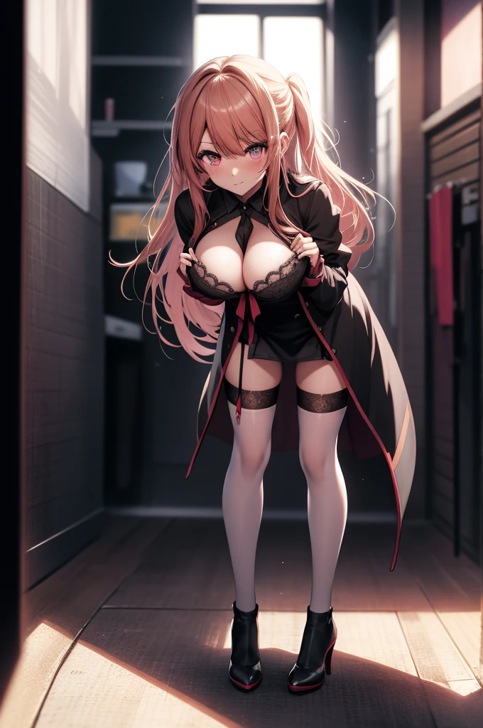 anime, beautiful face, highly detailed face, detailed eyes, highly detailed background, perfect lighting, full body, 1girl, solo, ruby hoshino, oshi no ko, indoors, heels, thighhighs, garter stockings, bedroom, absurdres, high res, ultrasharp, 8K, masterpiece, looking at viewer (sexy pose:1.2), (full body:1.4), teasing, no bra, wearing underwear, both hands holding breasts, squeezing breasts, breasts squeeze, bent over forward with hands on boobs, leaning forward and holding breasts, bending over at a 45 degree angle