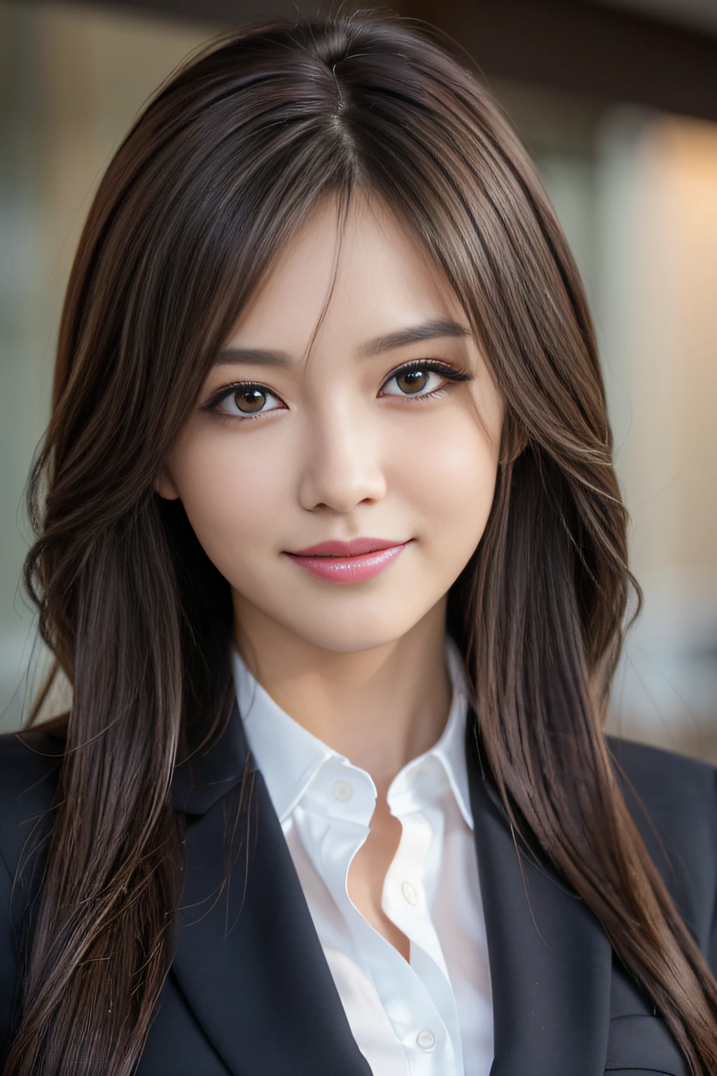 masutepiece, Best Quality, Photorealistic, Ultra-detailed, finely detail, High resolution, 8K Wallpaper, 1 beautiful woman,, light brown messy hair, in a business suit, foco nítido, Perfect dynamic composition, Beautiful detailed eyes, detailed hairs, Detailed realistic skin texture, Smiling, Close-up portrait, Model body type