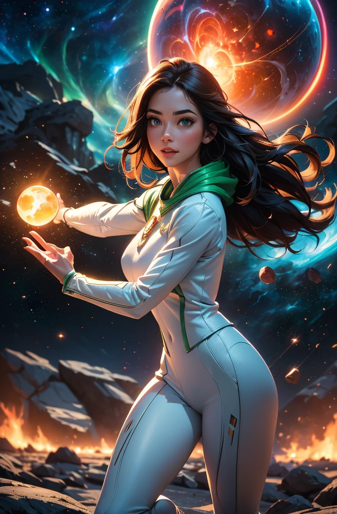 Highly detailed RAW color photo, beautiful young woman, smile at you, long red wavy hair, white and green space ranger costume, running dynamic pose, (detailed skin), (detailed lips), (detailed eyes), (cosmic: 1.4), (necropolis: 1.1), (science fiction setting) (detailed face), (athletic), detailed eyes, space scene with planets and burning sun, chromatic aberration, depth of field, soft lighting, masterpiece, best quality, intricaens reflection: 0.7), (flowering: 0.7), particle effects, ray tracing, tone mapping, highly detailed, concept art, smooth, sharp focus, dramatic lighting, highly detailed art, cinematic, hyper-realistic painting, trending on Artstation, 8K, amazing shadows, realistic, (highly detailed background: 1.2), mid-journey art