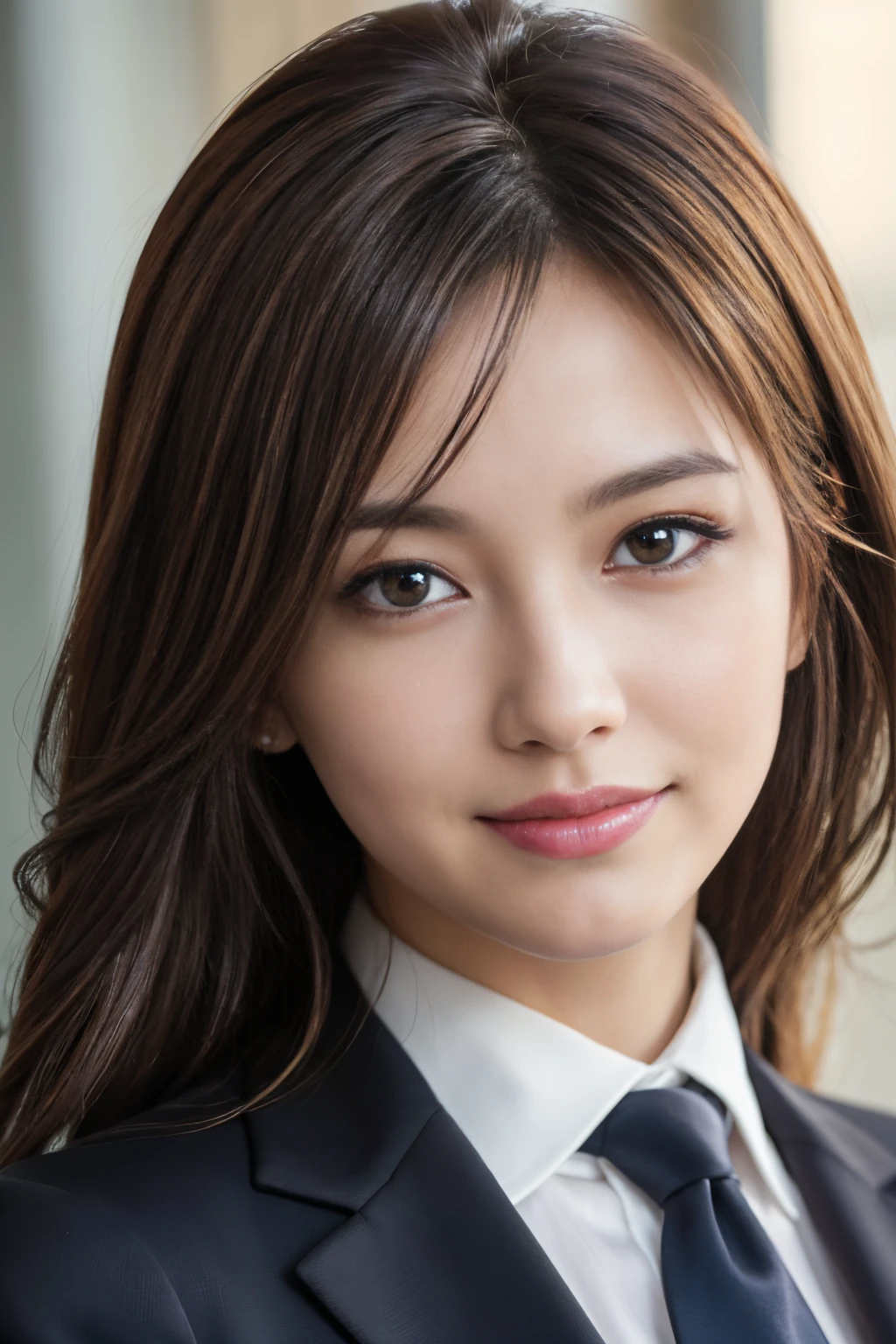 masutepiece, Best Quality, Photorealistic, Ultra-detailed, finely detail, High resolution, 8K Wallpaper, 1 beautiful woman,, light brown messy hair, in a business suit, foco nítido, Perfect dynamic composition, Beautiful detailed eyes, detailed hairs, Detailed realistic skin texture, Smiling, Close-up portrait, Model body type