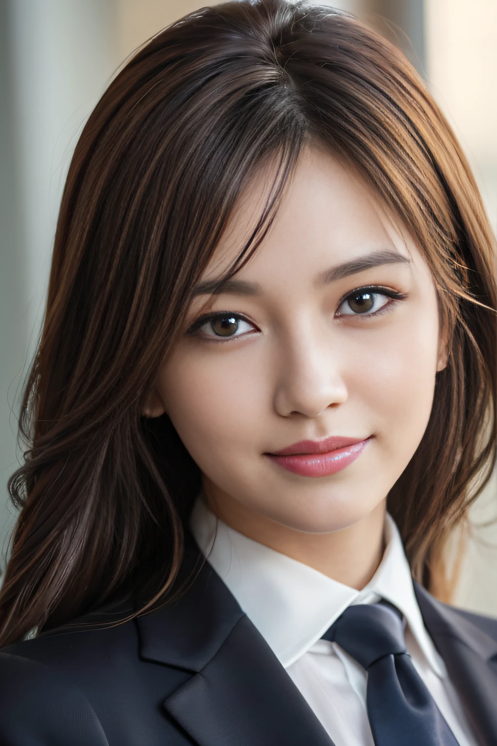 masutepiece, Best Quality, Photorealistic, Ultra-detailed, finely detail, High resolution, 8K Wallpaper, 1 beautiful woman,, light brown messy hair, in a business suit, foco nítido, Perfect dynamic composition, Beautiful detailed eyes, detailed hairs, Detailed realistic skin texture, Smiling, Close-up portrait, Model body type