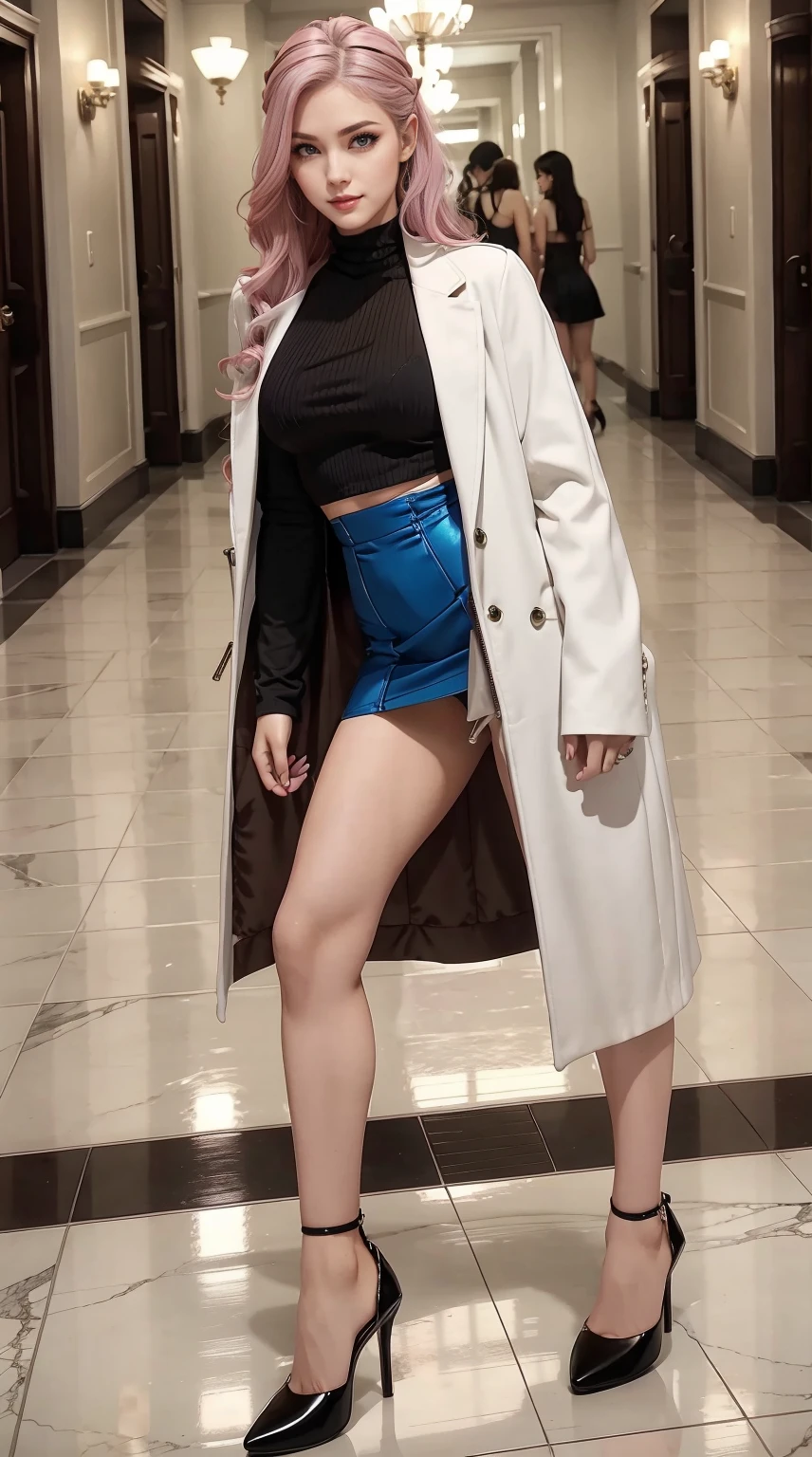 a 25yo woman、Hair color is a gradient color、Eye color is blue、Semi-long、hair is wavy、I'm wearing eyeshadow and lipstick、I'm wearing a headband、accessories on wrist、Slender but well-proportioned muscular body、Wearing a long coat over a high-neck zipper-up top、She is wearing a tight skirt with a deep slit.、I'm wearing high heels、a smile、on the marble floor
