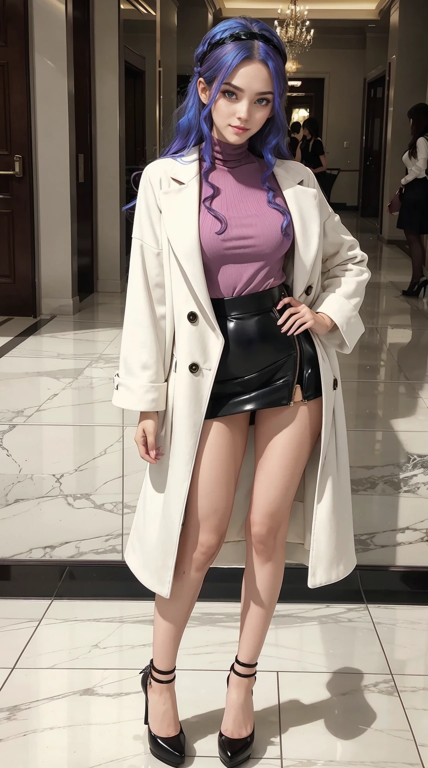 a 25yo woman、Hair color is a gradient color、Eye color is blue、Semi-long、hair is wavy、I'm wearing eyeshadow and lipstick、I'm wearing a headband、accessories on wrist、Slender but well-proportioned muscular body、Wearing a long coat over a high-neck zipper-up top、She is wearing a tight skirt with a deep slit.、I'm wearing high heels、a smile、on the marble floor