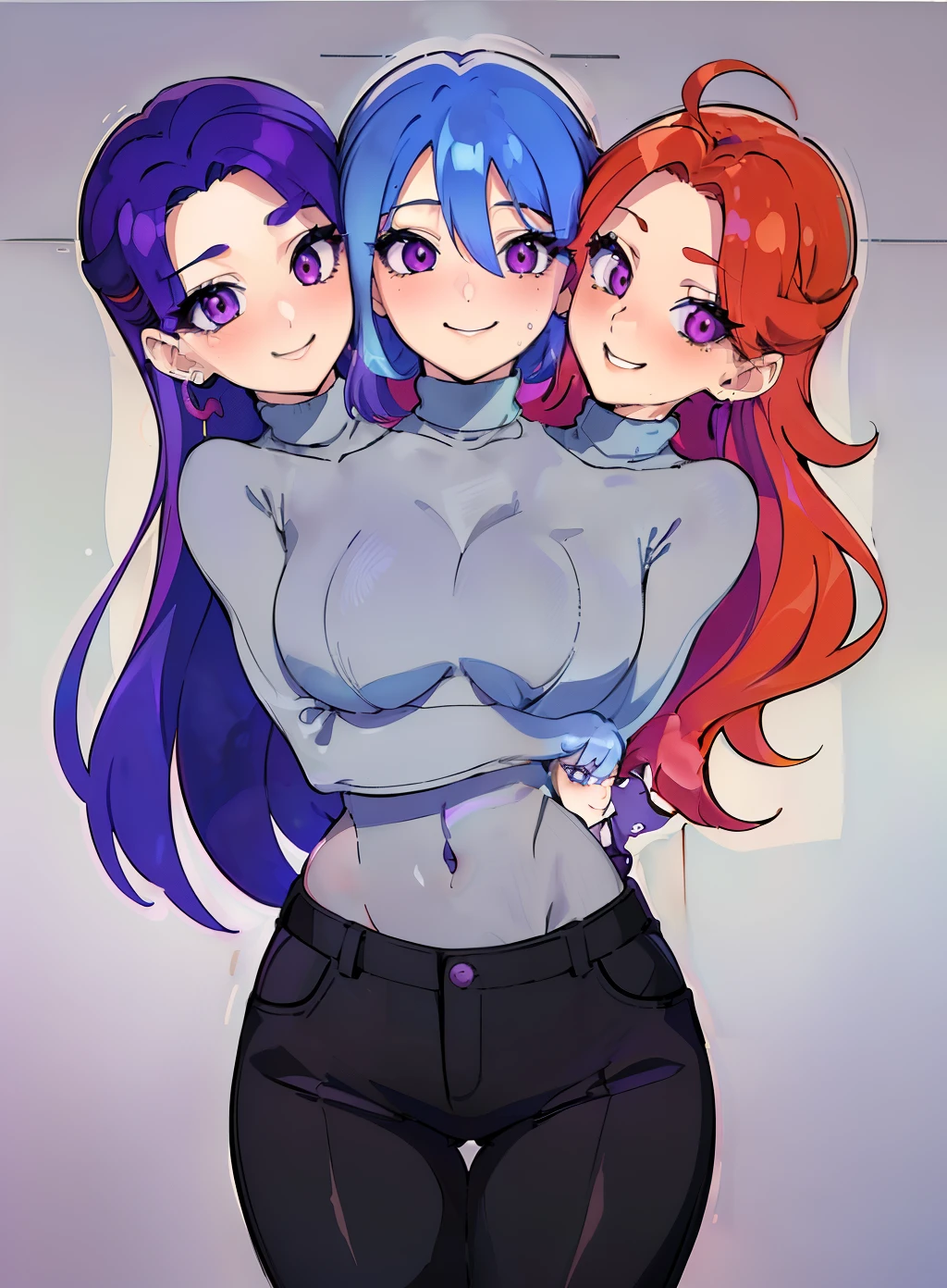 (masterpiece, best quality), best resolution, (3heads:1.5), 1girl,(vivid sky blue hair), (red orange hair), (violet purple hair), same eye color as the hair, smiling, giggling, friendly, inviting, ((very shy expression)), mature look, (gray turtleneck sweater), black long pants, vibrant colors, long hair, (((lesbians))), (((sexy)))