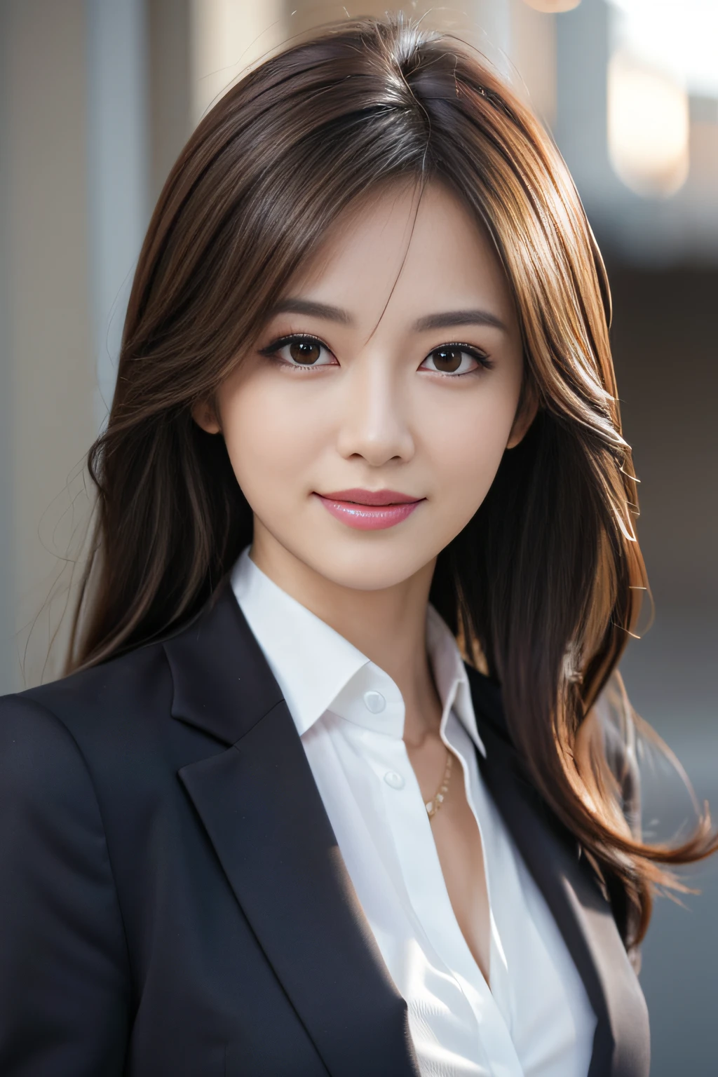 masutepiece, Best Quality, Photorealistic, Ultra-detailed, finely detail, High resolution, 8K Wallpaper, 1 beautiful woman,, light brown messy hair, in a business suit, foco nítido, Perfect dynamic composition, Beautiful detailed eyes, detailed hairs, Detailed realistic skin texture, Smiling, Close-up portrait, Model body type