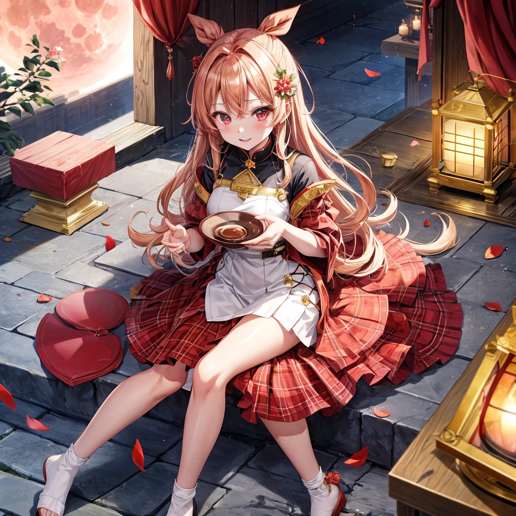 red blonde、red eyes、one good looking girl、独奏、animesque、lightly dressed、Plaid miniskirt、flower petals、sitting on、Black T-shirt、云、fullmoon、starrysky、Meteor swarm、Nonstar Castle railroad crossing、Gates of Hell、gatekeeper of craft、Circle of Angels、inside in room、Tea、teapot、steam、golden castle