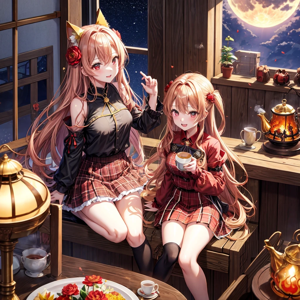red blonde、red eyes、one good looking girl、独奏、animesque、lightly dressed、Plaid miniskirt、flower petals、sitting on、Black T-shirt、云、fullmoon、starrysky、Meteor swarm、Nonstar Castle railroad crossing、Gates of Hell、gatekeeper of craft、Circle of Angels、inside in room、Tea、teapot、steam、golden castle