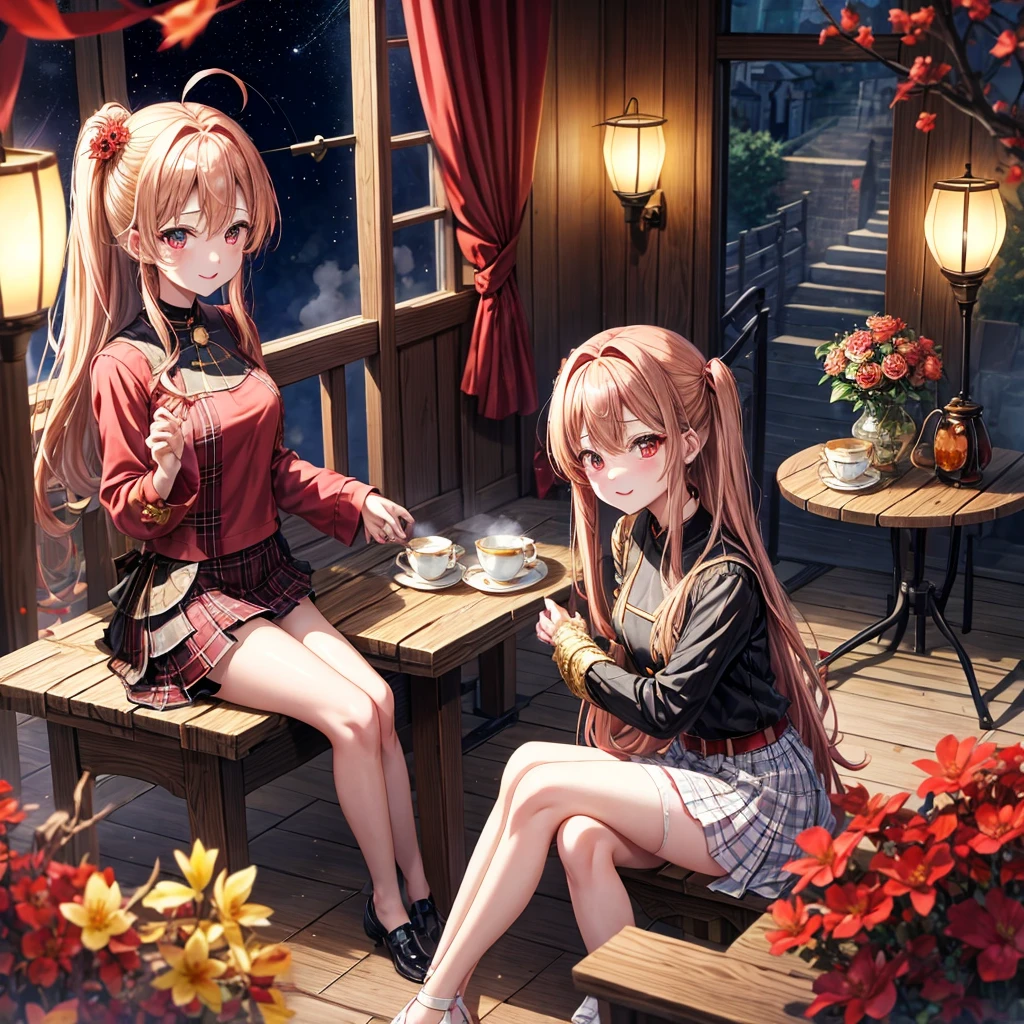 red blonde、red eyes、one good looking girl、独奏、animesque、lightly dressed、Plaid miniskirt、flower petals、sitting on、Black T-shirt、云、fullmoon、starrysky、Meteor swarm、Nonstar Castle railroad crossing、Gates of Hell、gatekeeper of craft、Circle of Angels、inside in room、Tea、teapot、steam、golden castle