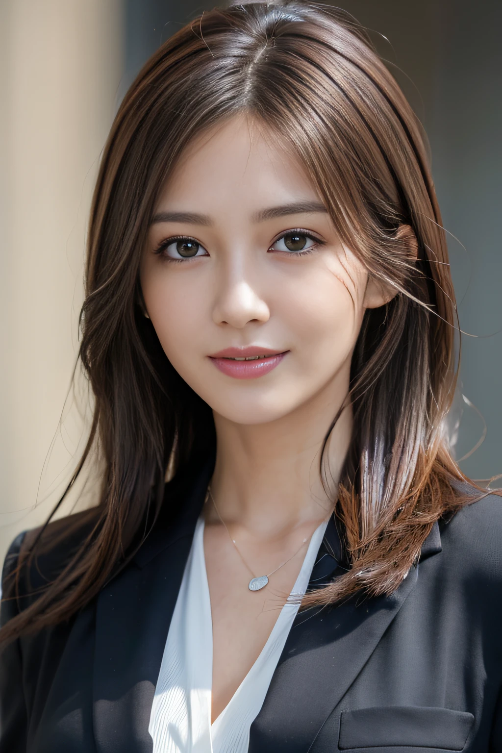 masutepiece, Best Quality, Photorealistic, Ultra-detailed, finely detail, High resolution, 8K Wallpaper, 1 beautiful woman,, light brown messy hair, in a business suit, foco nítido, Perfect dynamic composition, Beautiful detailed eyes, detailed hairs, Detailed realistic skin texture, Smiling, Close-up portrait, Model body type