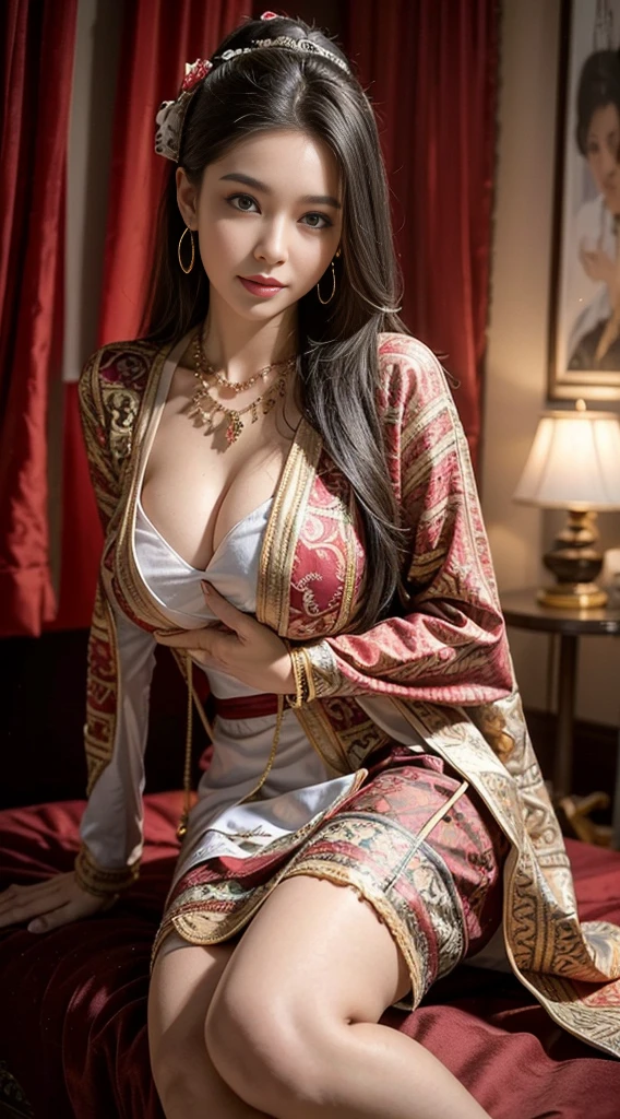 (Realistic:1.3), insane details, quality, (master-piece:1.2), (photorealistic portrait:1.2), (bestquality), (Detailed skin:1.3), (intricate detailed), ray tracing, ((Full body)), ((1woman)), (((1man))), 18-20 years old, ((long-haired)), smile, Red dress, patterned skirt, Contrast color between dress and skirt, skirt pattern, earrings, necklace, Javanese jewelry, (blurred background), Eyes on camera, breast cleavage, huge breast,, Beautiful breast, Big breast augmentation, elongated legs