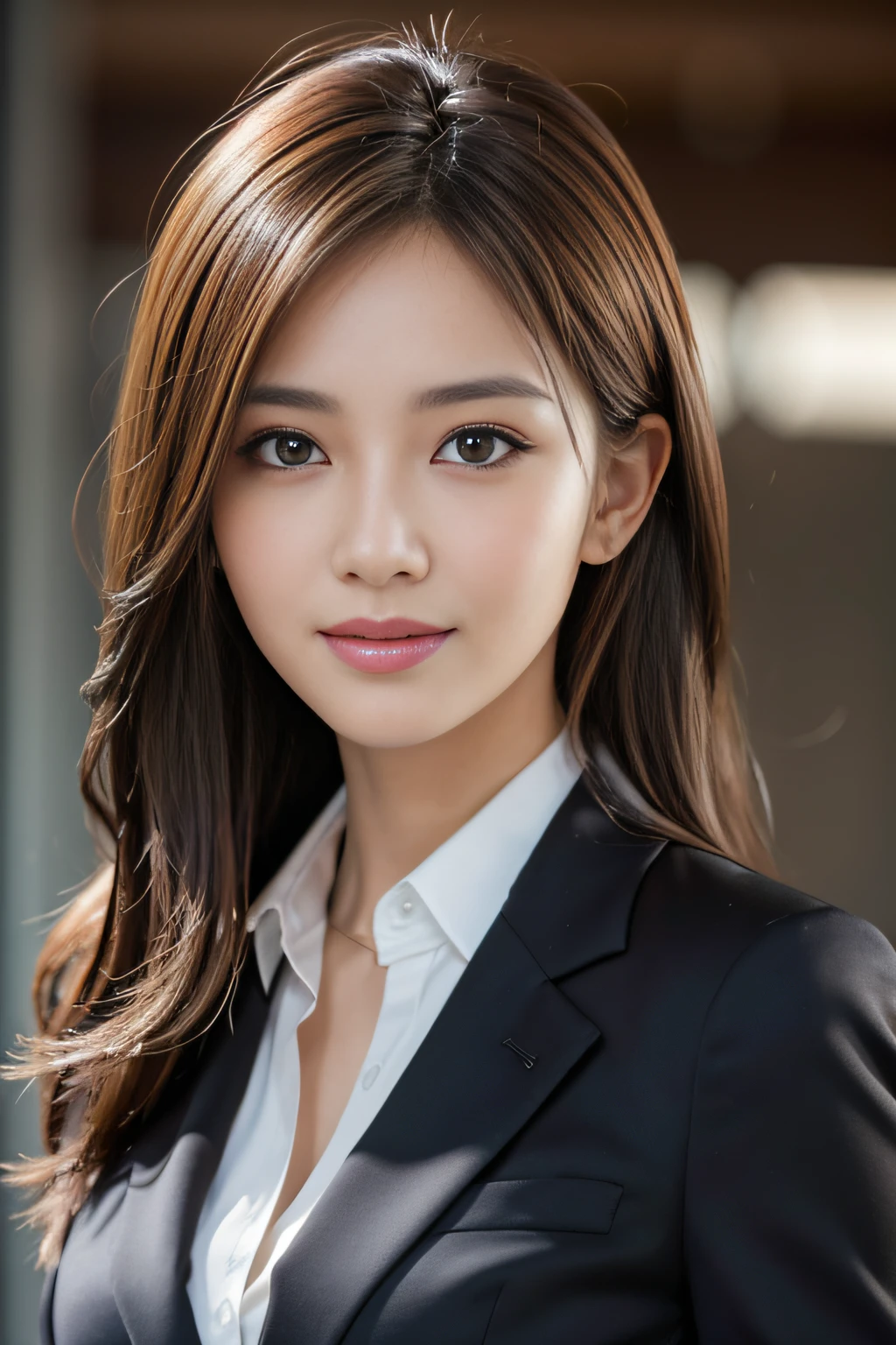 masutepiece, Best Quality, Photorealistic, Ultra-detailed, finely detail, High resolution, 8K Wallpaper, 1 beautiful woman,, light brown messy hair, in a business suit, foco nítido, Perfect dynamic composition, Beautiful detailed eyes, detailed hairs, Detailed realistic skin texture, Smiling, Close-up portrait, Model body type