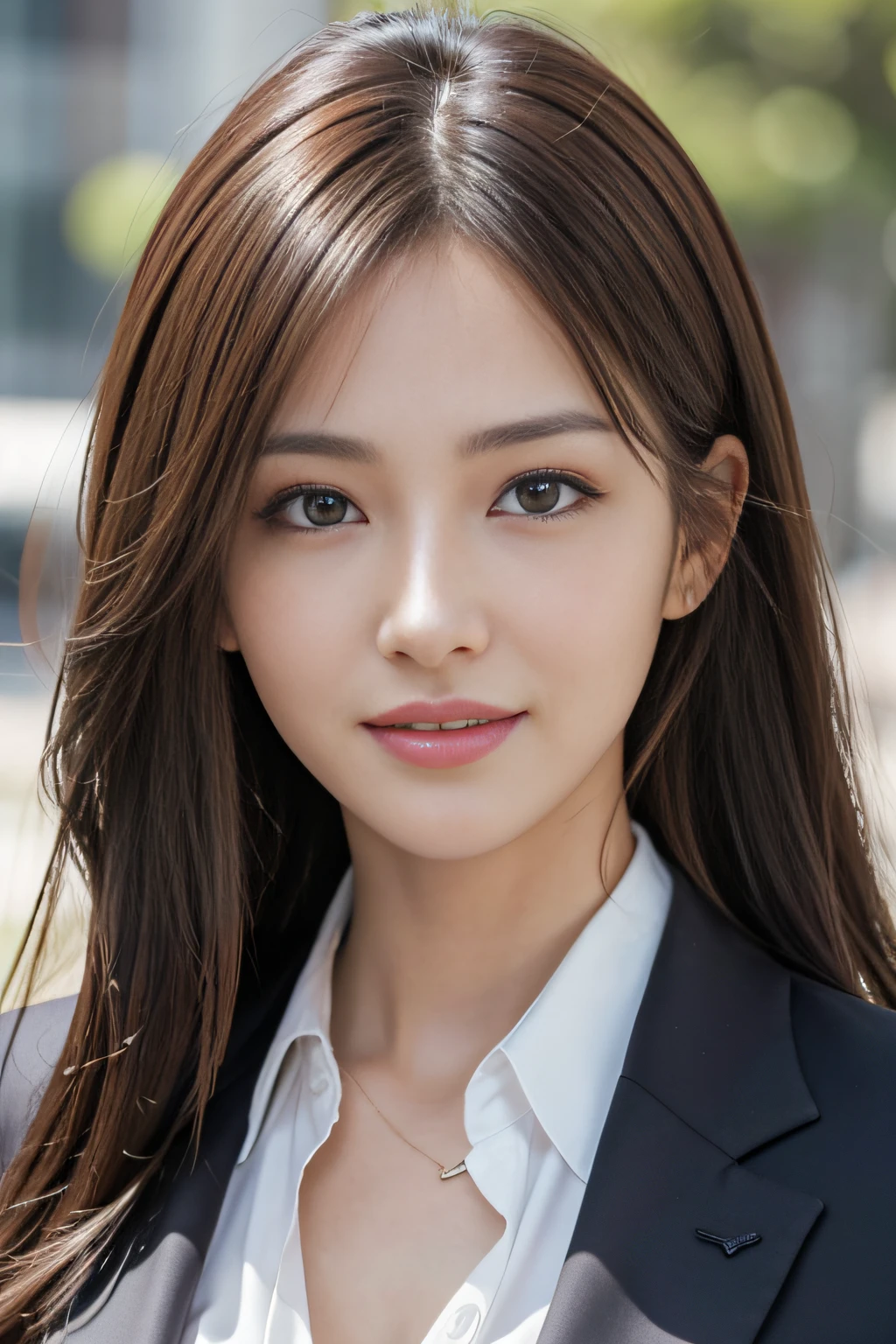 masutepiece, Best Quality, Photorealistic, Ultra-detailed, finely detail, High resolution, 8K Wallpaper, 1 beautiful woman,, light brown messy hair, in a business suit, foco nítido, Perfect dynamic composition, Beautiful detailed eyes, detailed hairs, Detailed realistic skin texture, Smiling, Close-up portrait, Model body type