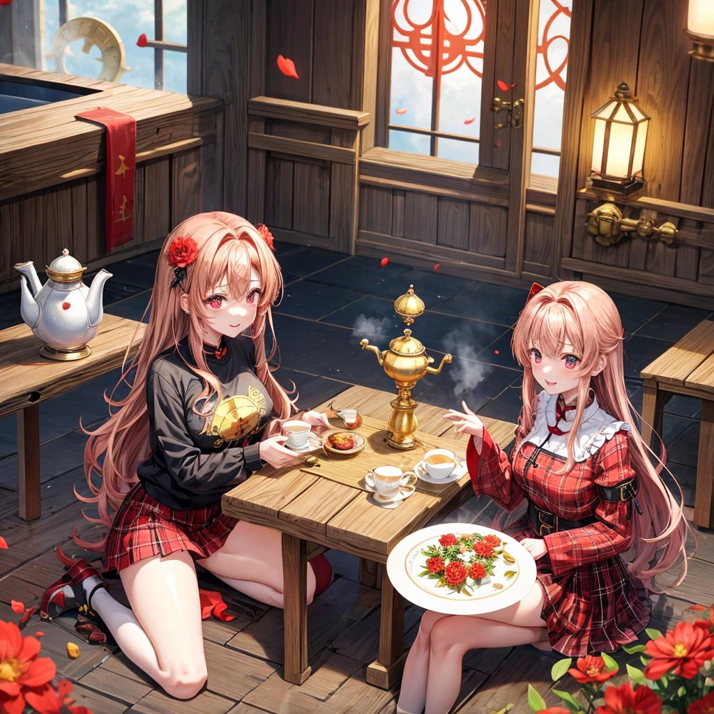 red blonde、red eyes、one good looking girl、独奏、animesque、lightly dressed、Plaid miniskirt、flower petals、sitting on、Black T-shirt、云、fullmoon、starrysky、Meteor swarm、Nonstar Castle railroad crossing、Gates of Hell、gatekeeper of craft、Circle of Angels、inside in room、Tea、teapot、steam、golden castle、maze