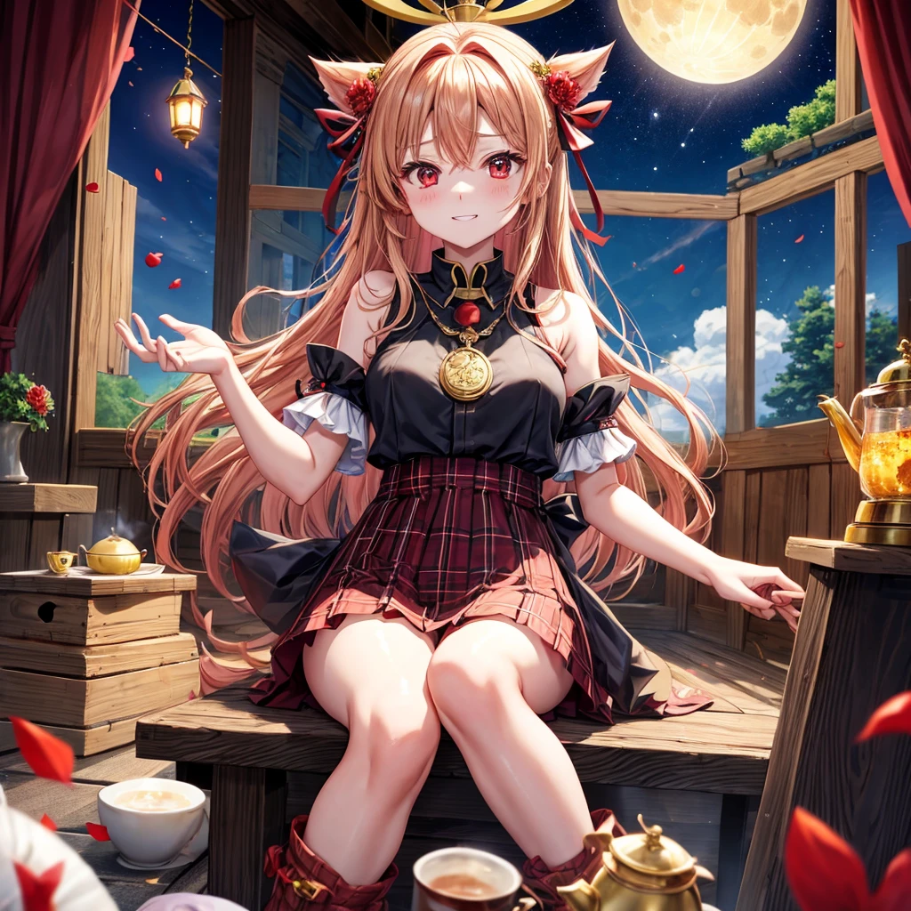 red blonde、red eyes、one good looking girl、独奏、animesque、lightly dressed、Plaid miniskirt、flower petals、sitting on、Black T-shirt、云、fullmoon、starrysky、Meteor swarm、Nonstar Castle railroad crossing、Gates of Hell、gatekeeper of craft、Circle of Angels、inside in room、Tea、teapot、steam、golden castle、maze