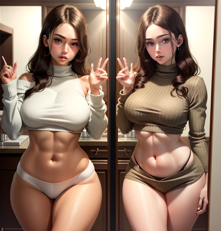 arafed woman in a tan sweater posing in front of a mirror, anna nikonova aka newmilky, thicc, portrait sophie mudd, dasha taran, beautiful body and face, , brown hair and a perfect body, skinny waist and thick hips, thick body, perfect body, tight outfit, , attractive body, beautiful body