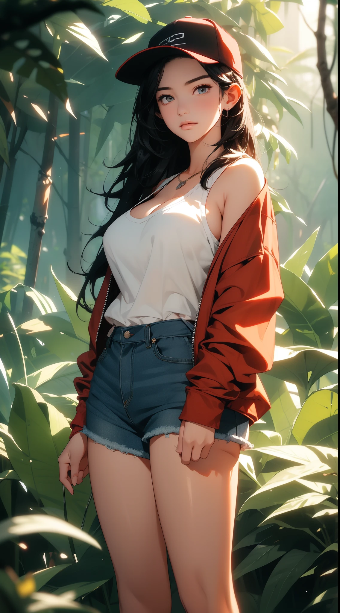 1female，35yo，，gigantic cleavage breastig breasts Thin waist，long leges，Pornographic exposure， 独奏，（Background with：ln the forest，the rainforest，in summer） She has long black hair，standing on your feet，Sweat profusely，drenched all over the body，seen from the front， hair straight， mostly cloudy sky，（（（tmasterpiece），（Very detailed CG unity 8K wallpaper），best qualtiy，cinmatic lighting，detailed back ground，beatiful detailed eyeright pupils，（Very fine and beautiful），（Beautiful and detailed eye description），ultra - detailed，tmasterpiece，）），facing at camera，Full body photo，A high resolution，ultra - detailed），revealing breastare genitalia， Lower body elevation，Raised sexy，Camel toelushed complexion，Open-mouthed，frontage，baseball cap（Wearing：Red baseball jacket，denim short，athletic sneakers）nakeness，