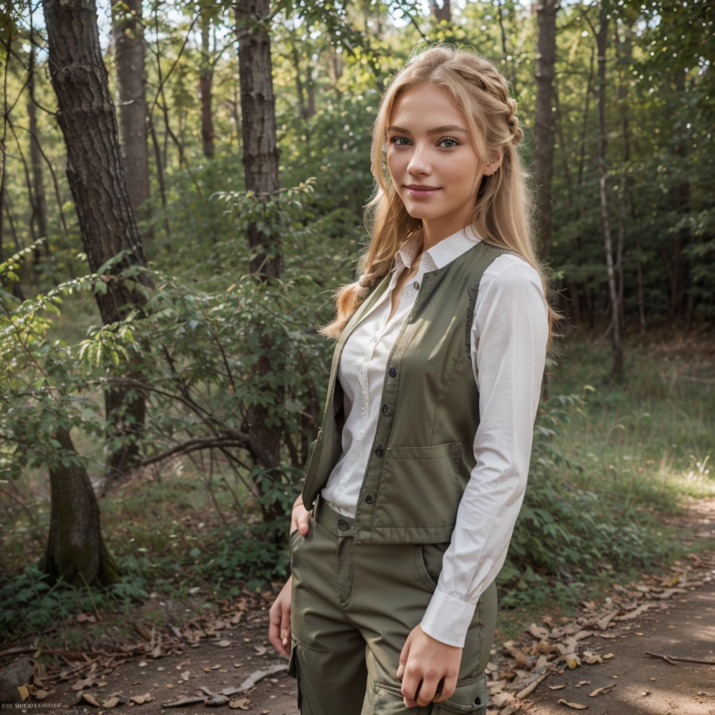 Nikon Z 85mm, Beautiful, one Petite 20-year-old elegant high-class supermodel, ((blond hair)), Bright gray eyes, ((High detailed skin, Skin Details)), Sharp Focus, 8K UHD, Digital SLR, High quality masterpiece, gorgeous russian face, smiling, photo realistic, wearing khaki hiking long sleeve shirt, vest and long outdoor cargo pants. Beautiful hairstyle tied on the back. Elegantly modestly standing by a tree in forest. Warm tone atmosphere