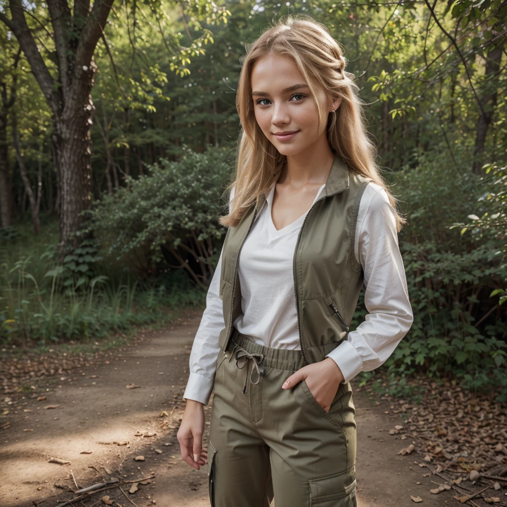 Nikon Z 85mm, Beautiful, one Petite 20-year-old elegant high-class supermodel, ((blond hair)), Bright gray eyes, ((High detailed skin, Skin Details)), Sharp Focus, 8K UHD, Digital SLR, High quality masterpiece, gorgeous russian face, smiling, photo realistic, wearing camping khaki hiking long sleeve shirt, vest and long outdoor cargo pants. Beautiful hairstyle tied on the back. Elegantly modestly standing on top of the mountain all happy. Warm tone atmosphere