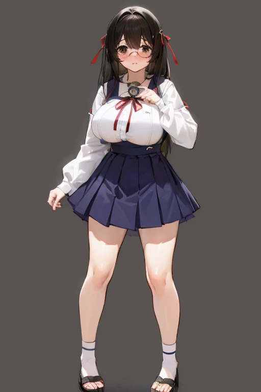 Stema Peace、hanekawa tsubasa、attack of glasses、A dark-haired、large boob、 (Black hair, Brown eyes, Round face),With ribbon, (nose blush, half opened eye),, [Full body shot]、eye glass、Head-to-toe shots、A dark-haired、Wearing furisode、The neck and hem are exposed、