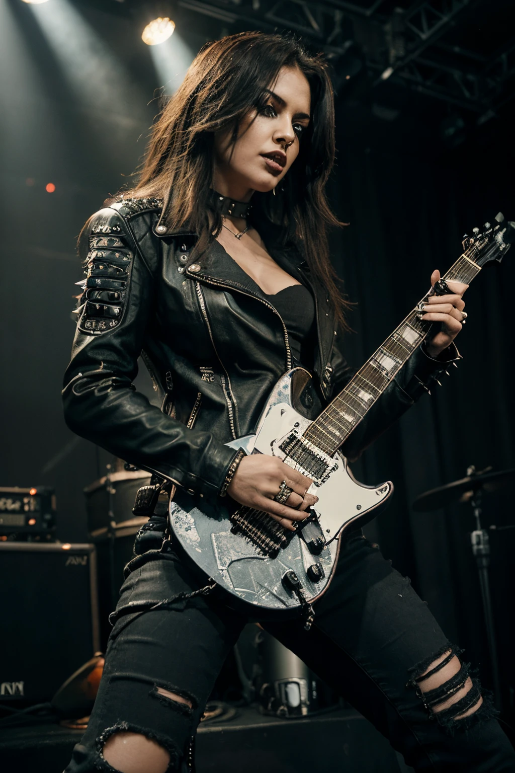 Heavy metal, biker chick with chains and spikes, ferocious expression, powerful female rock star, black leather, dressed in black leather jacket and torn jeans, dark eyeliner and black lipstick, heavy music, fierce woman, standing tall, epic guitar solo, guitar on fire, woman solo electric guitar, female guitarist of metal, woman playing the guitar, electric guitar made of metal, flames on stage, female rocker playing a concert,