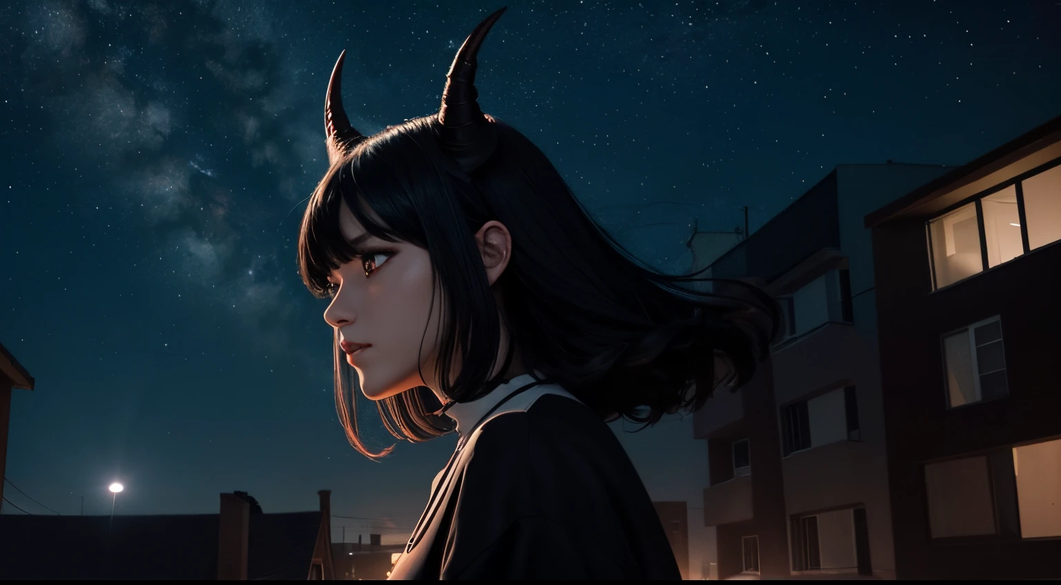 In the night sky above a residential area, a black-haired female demon with horns and missing her neck was floating.