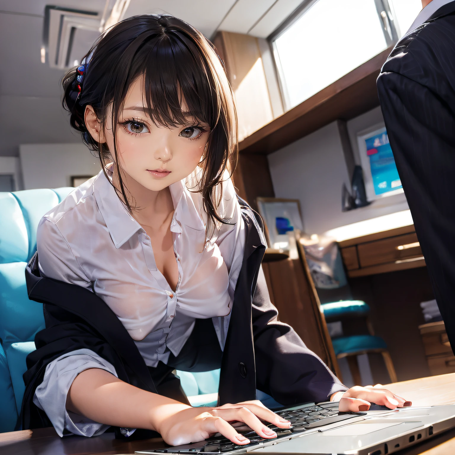 full-color image, angle from below, a woman works as the president, she hits her front crotch against the corner of the desk for masturbation, slut, small breast, ecstasy face, (drooping eyes, sleepy), business suit, jacket, id card, (show off swollen nipples outlines and color clearly over her thin shirt), she has a laptop, hair up,