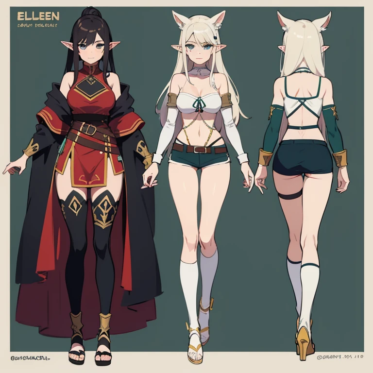1 Female, Reference Sheet, Matching outfits, (Fantasy Character Design, front, return, ~ side, rear) Elf Ranger. Agile body、'Whole body)、(brown),(Dark Elf)、 Mid-chest. Forest green eyes. Long, flowing white hair, ponytail, Natural ornaments. Lightweight leather armor, elven armor, Arrow tube.bow