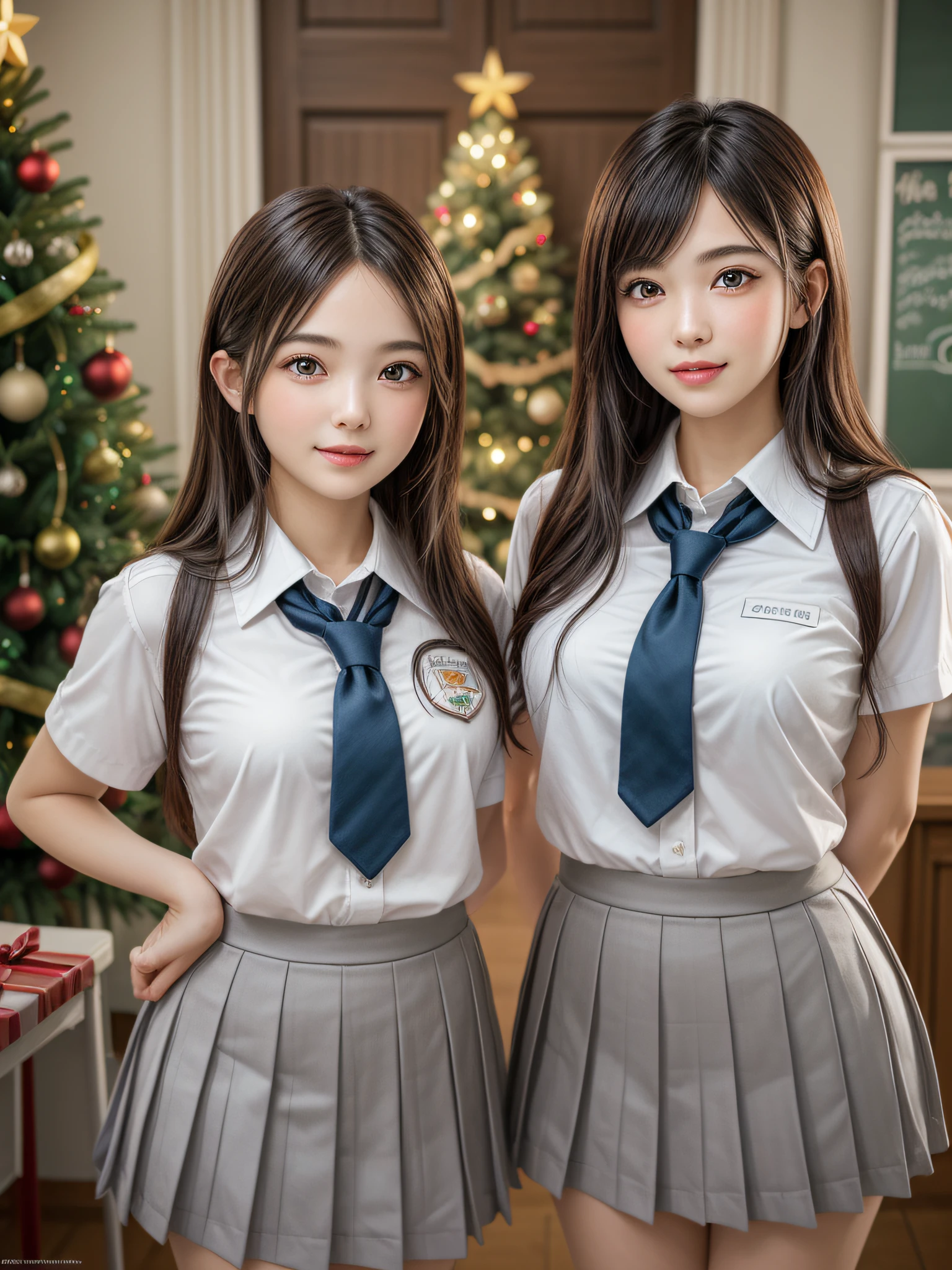 (2girls:1.4), Extremely cute, amazing face and eyes beautiful nice smile), (extremely detailed beautiful face), bright and shiny lips, (School uniform, Pleated skirt:1.3), (Best Quality:1.4), (hyper quality), (Ultra-detailed), (Hyper-realistic, Photorealsitic:1.37), Authentic skin texture, intricate-detail, extremely detailed CG unified 8k wallpaper, RAW Photos, professional photograpy, Cinematic lighting, Exposing, Christmas tree, Christmas Ornaments, Christmas Decorations, Christmas Lights, Christmas Lights,