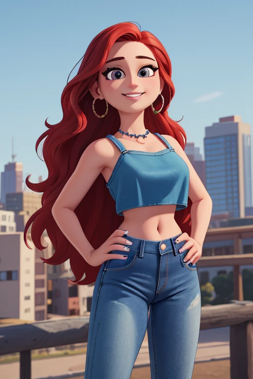 (masterpiece:1.2), (best quality), (ultra detailed), (8k,4k), (half body:1.2), (cowboy:1.2), (highly detailed:1.2), (detailed face:1.2), (detailed background), (portrait), detailed landscape, (dynamic pose:1.2), (perfect lightingbest quality),ruby 1 girl, solo, long hair, looking at viewer, smile, jewelry, very long hair, standing, red hair, earrings, pants, nail polish, black eyes, white-skinned female, crop top, denim, blue nails, jeans, hoop earrings, blue pants, city background