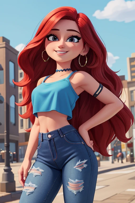 (masterpiece:1.2), (best quality), (ultra detailed), (8k,4k), (half body:1.2), (cowboy:1.2), (highly detailed:1.2), (detailed face:1.2), (detailed background), (portrait), detailed landscape, (dynamic pose:1.2), (perfect lightingbest quality),ruby 1 girl, solo, long hair, looking at viewer, smile, jewelry, very long hair, standing, red hair, earrings, pants, nail polish, black eyes, white-skinned female, crop top, denim, blue nails, jeans, hoop earrings, blue pants, city background