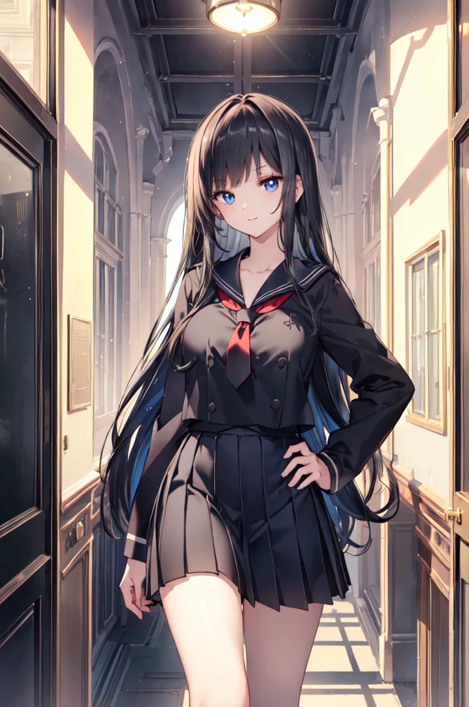 8k, (ultra-detailed:1.3, master piece:1.3, best quality:1.3, high resolution:1.3), 18year old, High school students, 1 person, (a girl, beautiful face, large and beautiful breasts, Blue eyes), eyes in highlight, catch light eyes, specular highlight eyes, (long hair, black hair), (long sleeve black sailor suit, Black pleated skirt, Separated uniforms, red ribbon tie, Black high socks, loafers) collarbone, navel, from the front side, shoot from front, whole body), Smile with teeth, school corridor, (standing, one hand on hip)