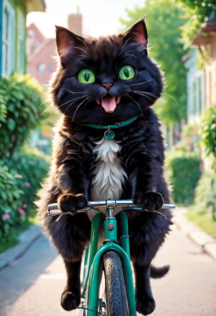 (best quality,4k,8k,highres,masterpiece:1.2),ultra-detailed,realistic,photorealistic:1.37,chubby black cat riding bicycle,illustration,adorable detailed face,fluffy fur,cute tail,round eyes,playful expression,(green-eyed,bright-eyed),happy expression,struggling to pedal,smiling cat,whiskers,furry paws,curly tail,tufted ears,soft lighting,artistic style,pastel colors,bright and vibrant background,happiness and joy vibe,summer afternoon atmosphere,lovely chubby cheeks,furry body,smiling mouth,whimsical art style,creative composition,comic-like illustration,playful interaction between cat and bicycle,imaginative scene,vibrant and colorful scenery,blurred movement effect on bicycle wheels.