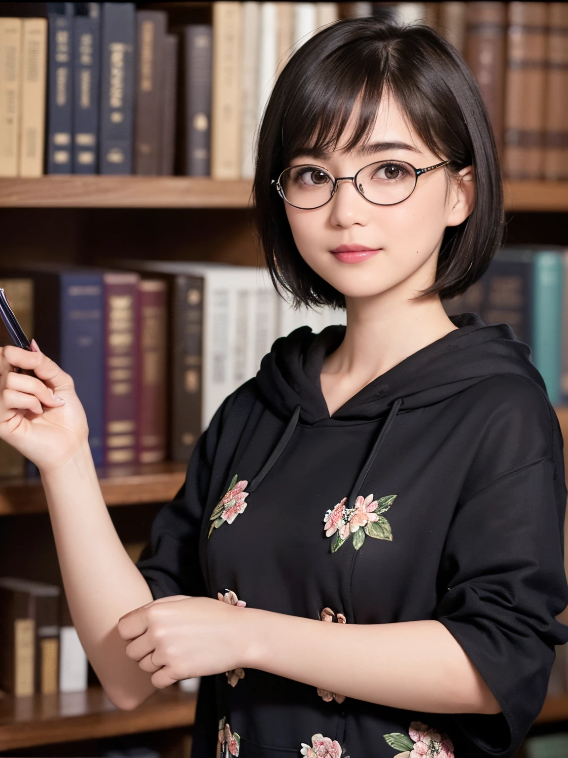136
(a 20 yo woman,i'i'i'i'i'i'i'i'I'm in a dark library), (A hyper-realistic), (high-level image quality), ((beautiful hairstyle 46)), ((short-hair:1.46)), (Gentle smile), (breasted:1.46), (lipsticks), (wears glasses,wide,atlibrary), (florals), (wearing hoodies)