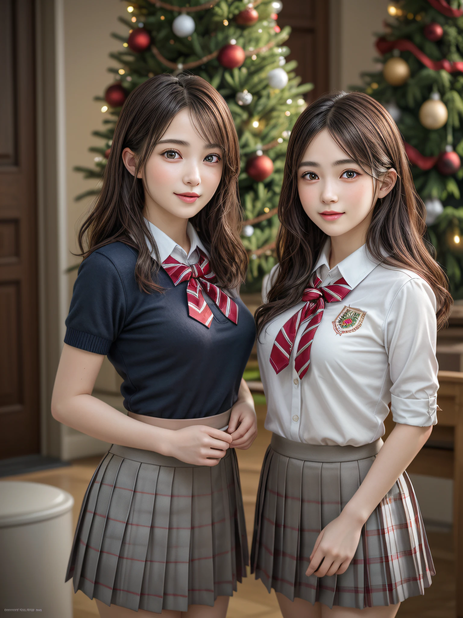 (2girls:1.4), Extremely cute, amazing face and eyes beautiful nice smile), (extremely detailed beautiful face), bright and shiny lips, (School uniform, Pleated skirt:1.3), (Best Quality:1.4), (hyper quality), (Ultra-detailed), (Hyper-realistic, Photorealsitic:1.37), Authentic skin texture, intricate-detail, extremely detailed CG unified 8k wallpaper, RAW Photos, professional photograpy, Cinematic lighting, Exposing, Christmas tree, Christmas Ornaments, Christmas Decorations, Christmas Lights, Christmas Lights,