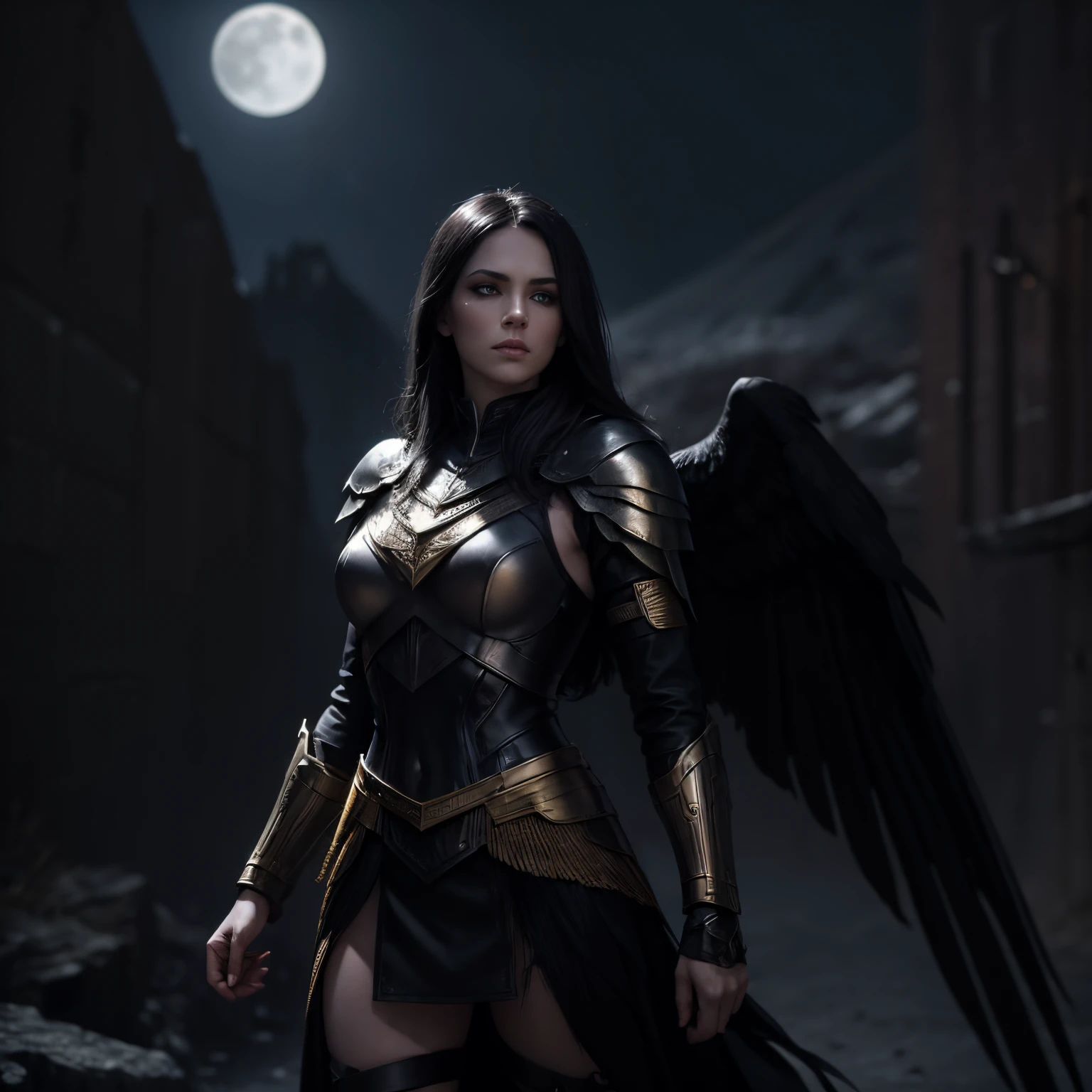 Valkyrie, pale skin, golden eyes, black feather wings, dark hair, strong, intimidating, no armor, seducing a raven, moon in background, flying