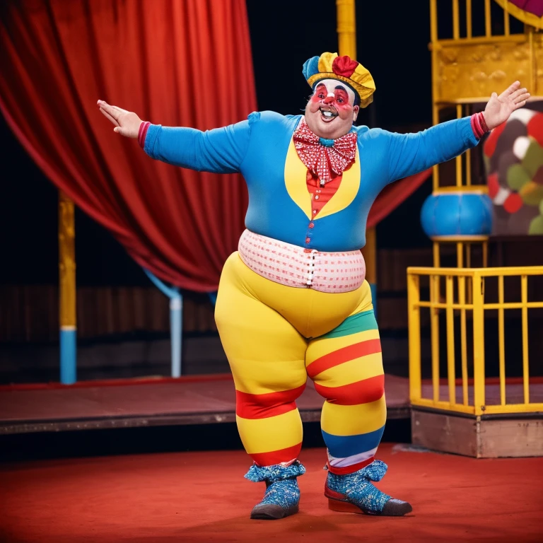 A clown man becomes so fat that he can no longer stand, and his body becomes round in the circus.