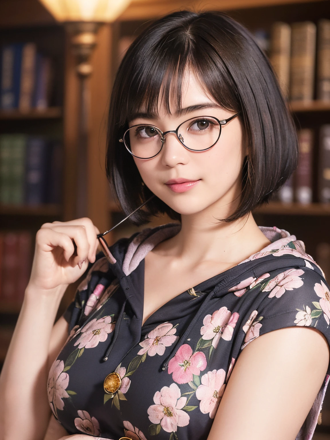 136
(a 20 yo woman,i'i'i'i'i'i'i'i'I'm in a dark library), (A hyper-realistic), (high-level image quality), ((beautiful hairstyle 46)), ((short-hair:1.46)), (Gentle smile), (breasted:1.46), (lipsticks), (wears glasses,wide,atlibrary), (florals), (wearing hoodies)