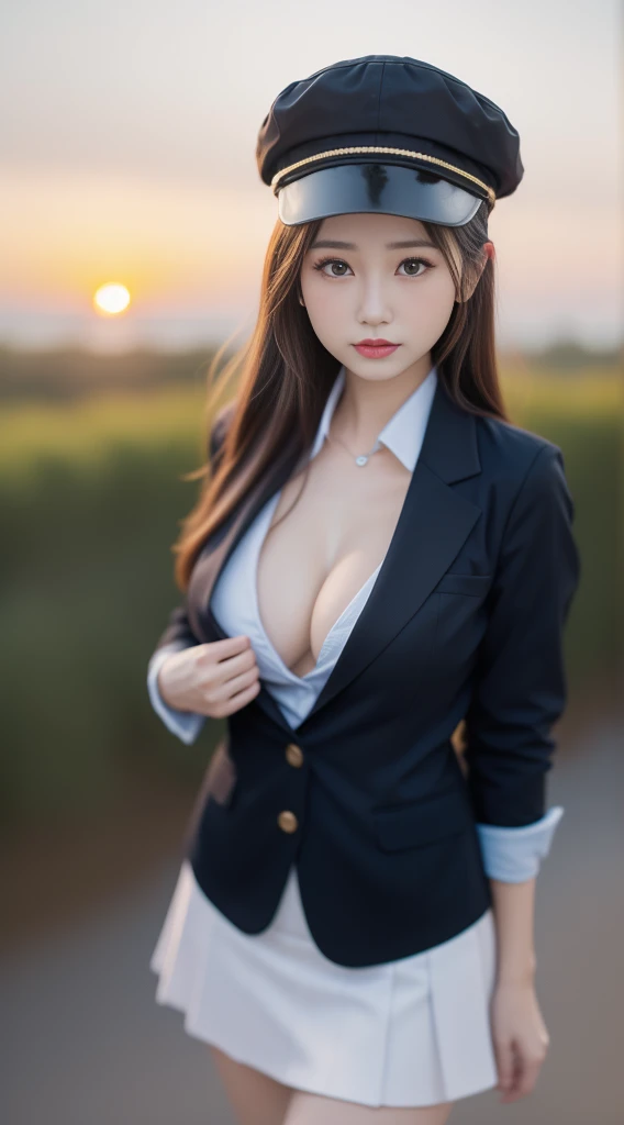 (1个Giant Breast Girl), The beautiful, amazing face and eyes, cosmetictremely detailed beautiful face), (The sexiest look), (Beautiful big breasts:1.1), (Best quality at best:1.4), (ultra - detailed), (extremely detaild的 CG unified 8k wallpapers), The is very detailed, RAW photogr, professional photoshooting, ((buisness suit)), (leotard skirt), (open collar business shirt), (Cap cap:1.3), (spread your legREAK outdooreautiful sunset), depth of fields, (look from down),