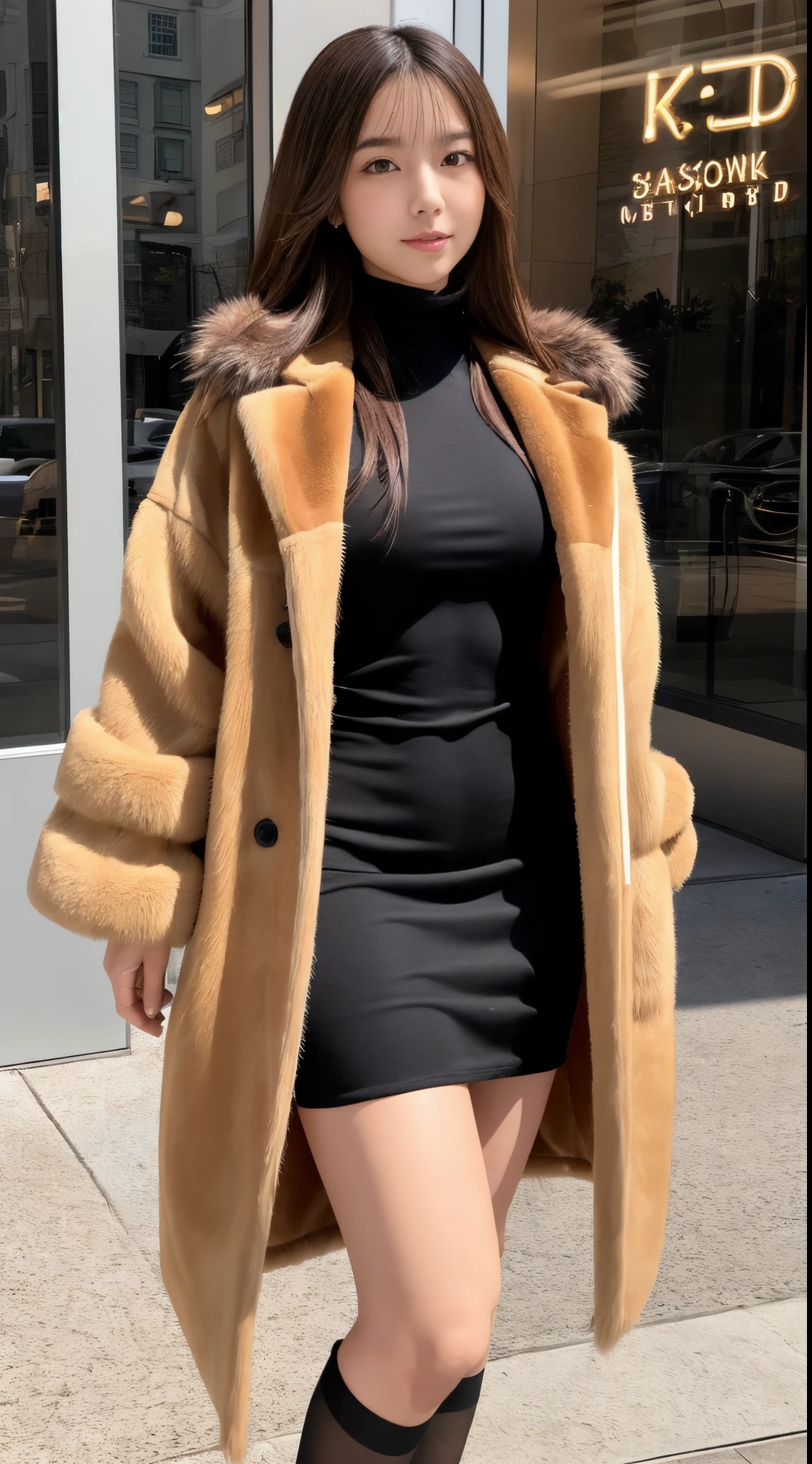 (Best Quality,8K,nffsw:1.2),(Full body shot),Center the person、((女の子1人))、(tall:1.8 ,thick and long legs:1.89),(cute Japanese girls)、(Crystal clear fair skin:1.4),Wide buttock:1.6,((Muscular thighs like a bodybuilder:1.4、thick thighs:1.4),(The thinnest waist:1.4)),Niō Standing,Stand with your legs open,(fur-coat,black bodycon dress:1.4),mall
