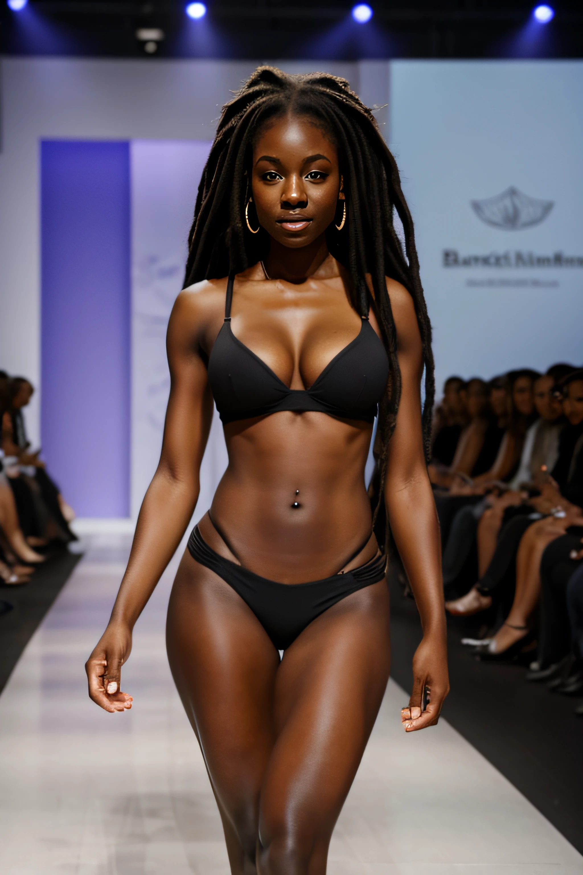 petite black girl, big boobs, big bum, tiny waist, dreadlocks, catwalk fashion show