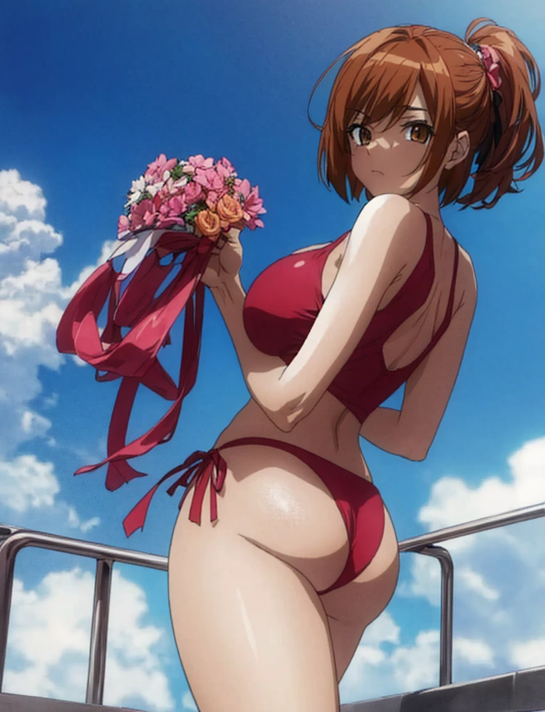 A beautiful woman with big breasts and beautiful legs and a hairstyle similar to a bob cut is standing by the school pool in a red competitive swimsuit.。