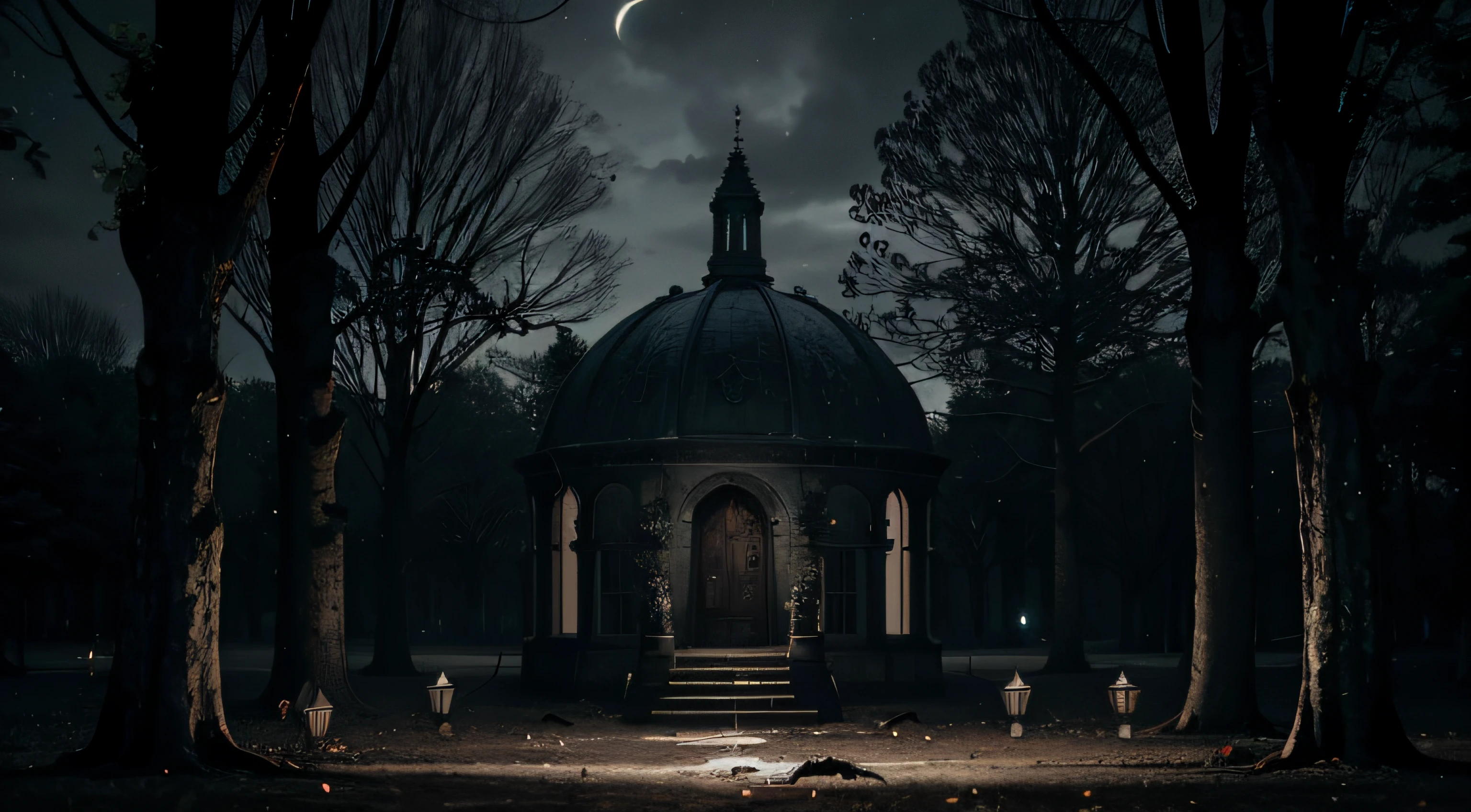 night scene of a gothic gazebo in a dark forest, igreja escura e sombria, Dark cemetery scene, Ambiente noturno escuro, Arte digital escura, mas detalhada, scary magical background, dark fantasy setting, night time render, sinistro altamente detalhado, arte conceitual escura fotorrealista, fundo do jogo resident evil, arte de fundo, graveyard landscape at night, ambiente de fantasia sombria, gothic church background.Jardim Tenebroso, Estilo Resident Evil e Alone in the Dark, night time, flowers and dead vegetation, pieces of dead crows on the ground. highes definition. Dark sky with red eyes like stars.
Big dome with ominous trees. bancos de madeira