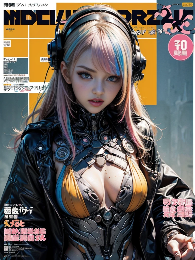 Flowing_contour biomechanical__cybernetic_airbrush___Strange__(((Japanese Harajuku style Fashion_((colorful Magazine_cover))__art_decor_Border)))__porcelain_and_Platinum / Futuristic Cyberpunk woman with porcelain skin, cybernetic implants.