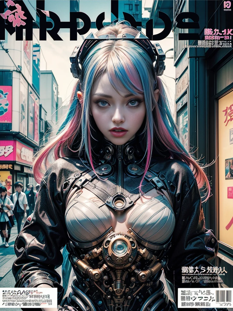 Flowing_contour biomechanical__cybernetic_airbrush___Strange__(((Japanese Harajuku style Fashion_((colorful Magazine_cover))__art_decor_Border)))__porcelain_and_Platinum / Futuristic Cyberpunk woman with porcelain skin, cybernetic implants.