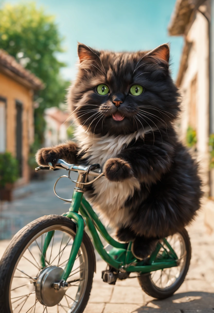 (best quality,4k,8k,highres,masterpiece:1.2),ultra-detailed,realistic,photorealistic:1.37,chubby black cat riding bicycle,illustration,adorable detailed face,fluffy fur,cute tail,round eyes,playful expression,(green-eyed,bright-eyed),happy expression,struggling to pedal,smiling cat,whiskers,furry paws,curly tail,tufted ears,soft lighting,artistic style,pastel colors,bright and vibrant background,happiness and joy vibe,summer afternoon atmosphere,lovely chubby cheeks,furry body,smiling mouth,whimsical art style,creative composition,comic-like illustration,playful interaction between cat and bicycle,imaginative scene,vibrant and colorful scenery,blurred movement effect on bicycle wheels.