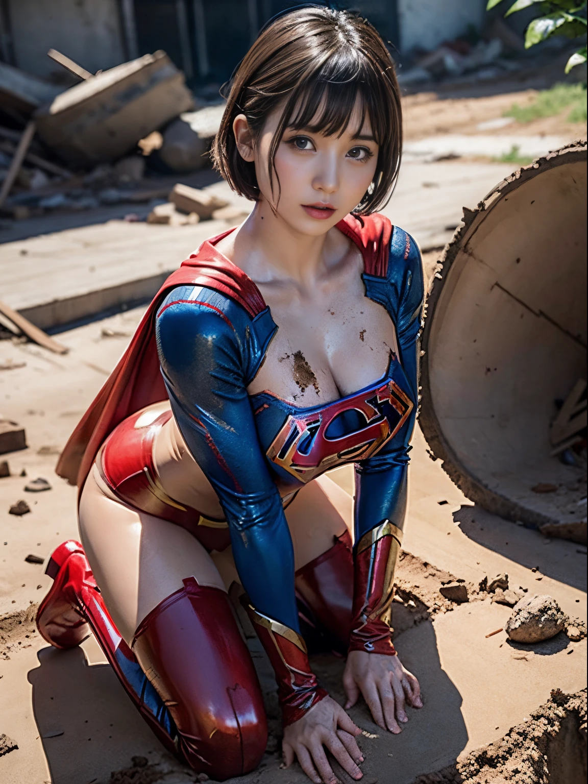 masterpiece、Short-haired Supergirl lying in the rubble、large full breasts、Looking at the camera、Glossy costume、Crotch、wounded、Mud stains、Covered in mud、Exhausted、cum on、Bukkake、MuCoi、mush、bright red enamel boots