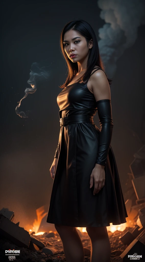 a 30 years  malay women in sexy super mario costume outfit with long rock band hair standing in waste disposal site, night, serious face, nighttime, in pokemon movie style, hyper - realistic photography, dramatic effect, smoke effect in background, dark color grading, full body, 8k, close - up shot, extreme close - up photo