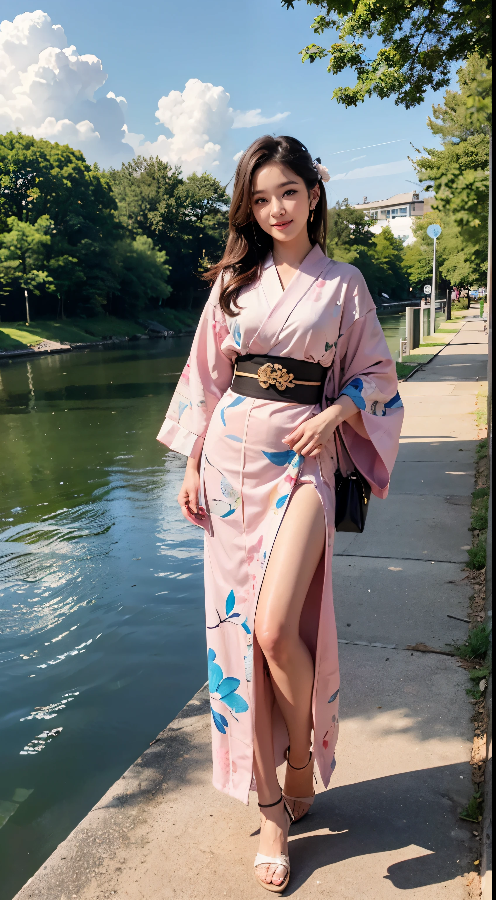 cute woman、cute face、cute smile、 、full body shot、80mm、well-shaped chest、lazy smile、japanese kimono、Miko costume、shrine、torii、cherry blossoms、